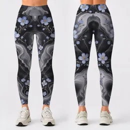 Charcoal Marble Veins with Pale Blue Blossoms for Yoga, Pilates, and Everyday Lifestyle Leggings