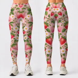 Sweet Strawberry and Daisy Motifs for Yoga, Pilates, and Relaxed Summer Weekend Outings Leggings