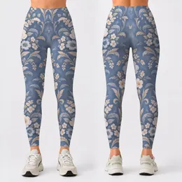 Blue Ivory Botanical Damask Blooms for Yoga, Pilates, and Everyday City Strolls Leggings