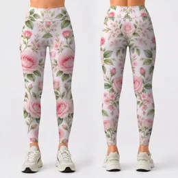 Blush Rose Sprigs and Ribbon Bows for Yoga, Pilates and Everyday Wear Leggings