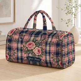 Blush Pink Navy Plaid and Roses for Weekend Travel and Romantic Getaway Escapes Quilted Weekend Bag