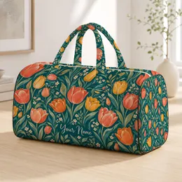Coral Tulip Garden With Coastal Teal Foliage For Sunny Beach Days And Summer Getaways Quilted Weekend Bag