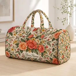 Coral Rose and Wildflower Botanical Art for Romantic Weekend Getaways Quilted Weekend Bag