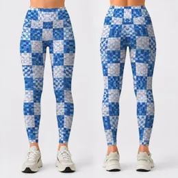 Blue And White Mosaic Checks For Yoga, Pilates And Everyday Activewear Leggings