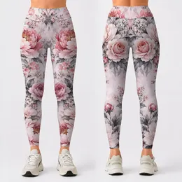 Dusty Rose Peonies and Silver Foliage for Yoga, Pilates, and Everyday Active Living Leggings