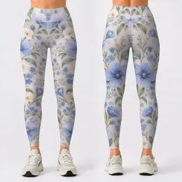 Blue And White Watercolor Florals For Yoga, Pilates, Commuting And Everyday Wear Leggings