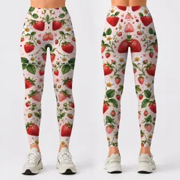Red Strawberries and Pink Berry Blossoms for Fresh Everyday Fitness and Leisure Style Leggings
