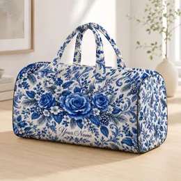 Cobalt Blue Rose And Snowy Pine Florals For Elegant Weekend Escapes And Holiday Travel Quilted Weekend Bag