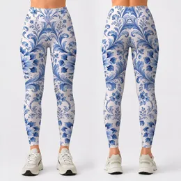 Blue And White Damask Florals For Yoga, Pilates, And Everyday Studio-To-Street Style Leggings