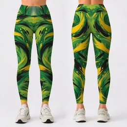 Emerald Yellow Black Brushstrokes for Yoga Pilates and Casual Activewear Leggings
