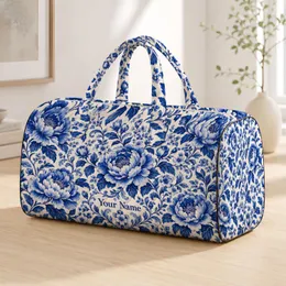 Cobalt Blue Peony Florals and Leaf Scrolls for Elegant Weekend Travel and Getaways Quilted Weekend Bag