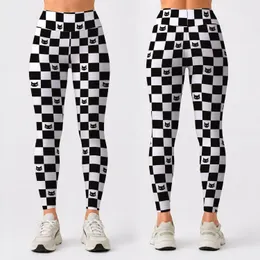 Black White Checkerboard With Cute Cat Faces for Yoga Pilates and Everyday Wear Leggings