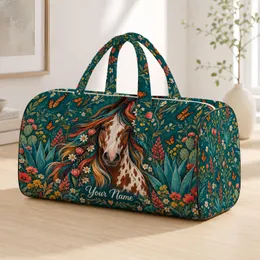 Spotted Horse With Teal Feather Mane For Southwest Travel And Wildflower Getaways Quilted Weekend Bag