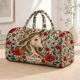 Cream Horse and Red Poppies for Coastal Equestrian Summer Travel and Equestrian Lovers Quilted Weekend Bag