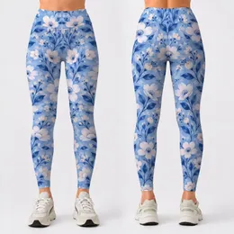 Powder Blue White Blossom Florals for Yoga Pilates and Everyday Style Leggings