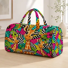 Smiling Giraffes in Bright Safari Colors for Playful City Days and Weekend Getaways Quilted Weekend Bag