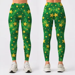Golden Stars on Vivid Green for Yoga Pilates Commutes and Everyday Active Style Leggings