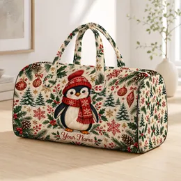 Winter Penguin with Red Scarf for Cozy Christmas Getaways and Holiday Travel Fun Quilted Weekend Bag