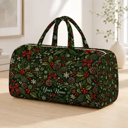 Evergreen Holly, Pinecones And Snowflakes For Cozy Christmas Winter Holiday Getaways Quilted Weekend Bag