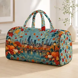 Autumn Maple Leaves, Pumpkins and City Skyline for Cozy Weekend Fall Getaways Quilted Weekend Bag