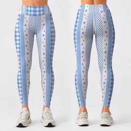 Blue White Stars And Gingham For Yoga Pilates And Everyday Activewear Leggings