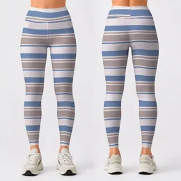 Blue And Taupe Stripes For Yoga, Pilates And Everyday Active Style For Relaxed Women Leggings