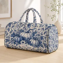 Blue-and-White Toile Pumpkins and Vines for Autumn Getaways and Cozy Fall Travel Quilted Weekend Bag