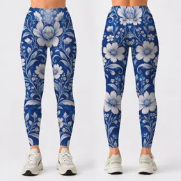Ivory Wildflower Vines on Cobalt Blue for Yoga, Pilates and Everyday Wear Leggings