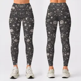 Ivory Rose Sprigs on Charcoal for Yoga, Pilates and Everyday Casual Wear Leggings