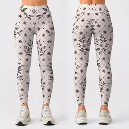 Ivory Daisy Trellis with Charcoal Blossoms for Yoga, Pilates and Everyday Casual Style Leggings