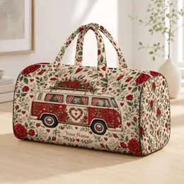 Red Vintage Camper Van and Roses for Romantic Road Trips and Weekend Getaways Quilted Weekend Bag