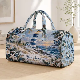 Winter Lighthouse Coast, Blue Butterflies and Botanicals for Cozy Seaside Getaways Quilted Weekend Bag