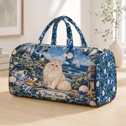 Blueberry Seaside Cat and Lighthouse for Coastal Weekend Getaways Quilted Weekend Bag