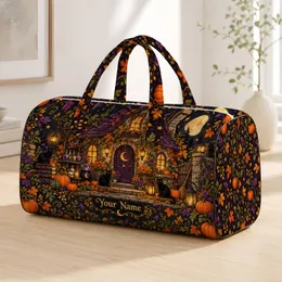 Spooky Cat, Pumpkin and Moonlit Cottage for Cozy Autumn Halloween Getaway Lovers Quilted Weekend Bag