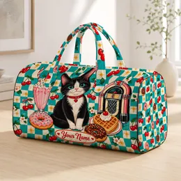 Tuxedo Cat, Cherry Sweets and Retro Diner Charm for Weekend Getaways and Cafe Lovers Quilted Weekend Bag