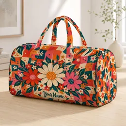 Retro Daisy Blooms And Autumn Plaid For Colorful Weekend Getaways And Market Days Quilted Weekend Bag