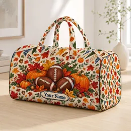 Autumn Footballs, Pumpkins and Maple Leaves for Cozy Fall Game Day Picnic Celebrations Quilted Weekend Bag