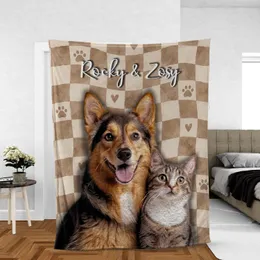 Personalized Pet Photo Blanket – Custom Checkered Paw Print Dog Cat Throw with Names, Christmas Gift for Pet Lover