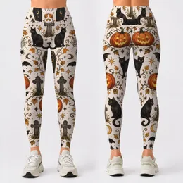 Jack-o'-Lanterns, Black Cats and Cross Tombstones for Halloween Night Celebrations Leggings