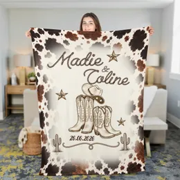 Personalized Western Couple Blanket – Custom Names & Date, Cowboy Boots Anniversary Wedding Gift
