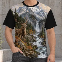 Deer Waterfall Mountain Scenery for Hiking, Camping and Outdoor Adventures All-over Print Unisex T-shirt