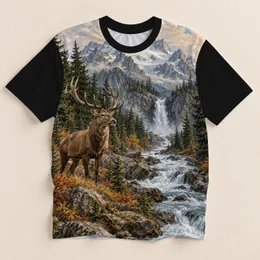 Deer Waterfall Mountain Scenery for Hiking, Camping and Outdoor Adventures All-over Print Unisex T-shirt