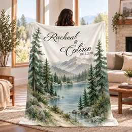 Personalized Mountain Lake Couple Blanket – Custom Names & Date, Pine Forest Anniversary Wedding Gift