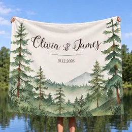 Personalized Outdoorsy Couple Blanket – Custom Names & Date, Forest Mountain Anniversary Engagement Gift
