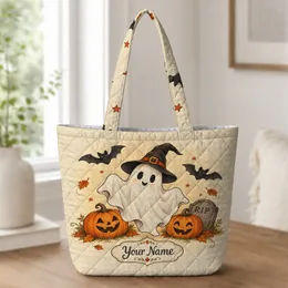 Whimsical Ghost Witch and Jack-o'-Lanterns for Cozy Halloween Autumn Celebrations Quilted Tote Bag