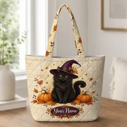 Black Cat in Witch Hat with Pumpkins for Spooky Autumn Halloween and Cat Lovers Quilted Tote Bag