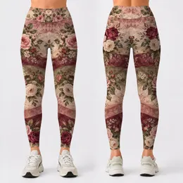 Vintage Rose And Moss Green Floral Stripes For Romantic Spring Getaways Leggings