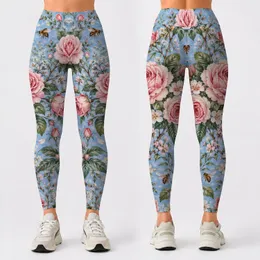 Vintage Pink Roses and Honeybees for Romantic Cottagecore Weekend and Everyday Style Leggings