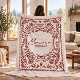 Personalized Name Blanket – Custom Name & Date, Floral Bow Oval Frame Keepsake Throw, Newlywed Wedding Anniversary Gift