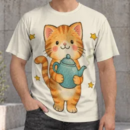 Orange Cat Holding Teapot With Stars for Cozy Everyday Wear and Cat Lovers All-over Print Unisex T-shirt